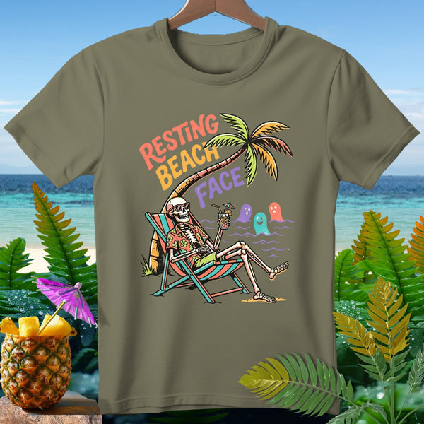 Skeleton relaxing in a beach chair with "Resting Beach Face" text and ghosts.