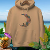 Brown hoodie with a crescent moon design featuring tropical flowers and a surfer.