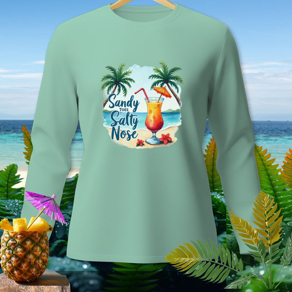 Long sleeve shirt with "Sandy Toes Salty Nose" graphic of beach and cocktail.