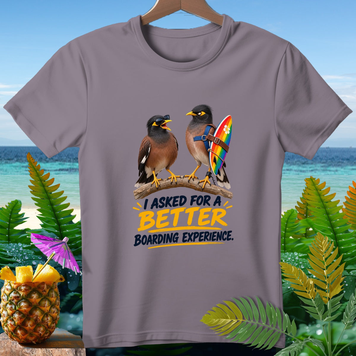 Two birds on a branch, one wearing sunglasses and the other with a rainbow surfboard, with text.