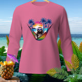 Pink long-sleeve shirt with a sloth wearing sunglasses in a rainbow hammock.