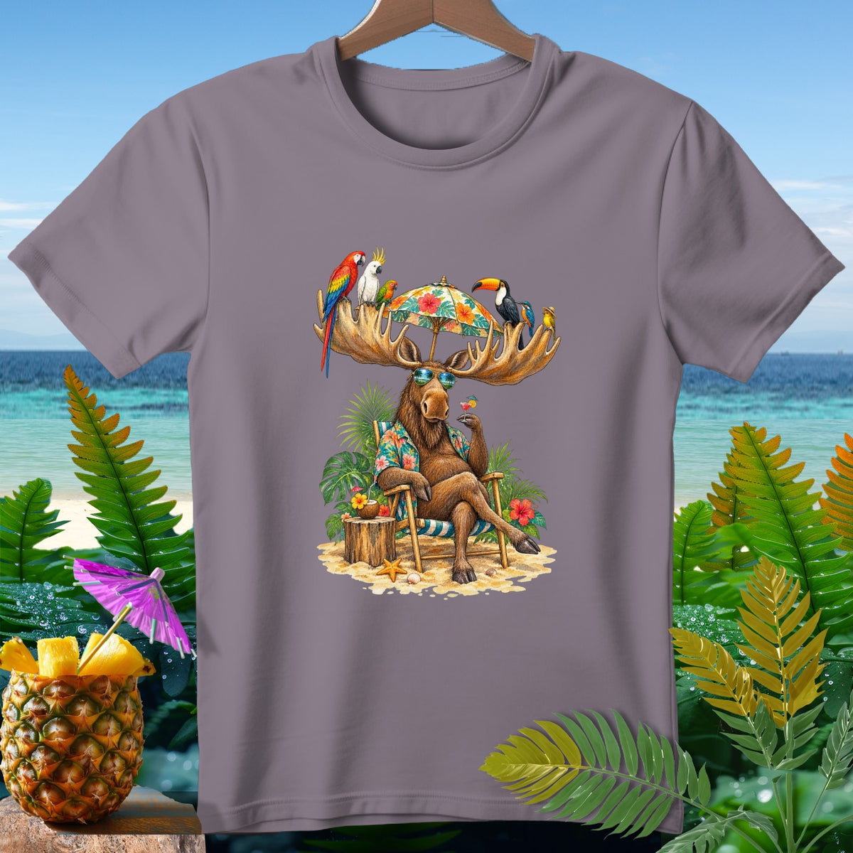 Moose wearing sunglasses sits on beach chair under umbrella with parrots and toucan.