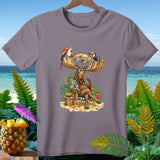 Moose wearing sunglasses sits on beach chair under umbrella with parrots and toucan.