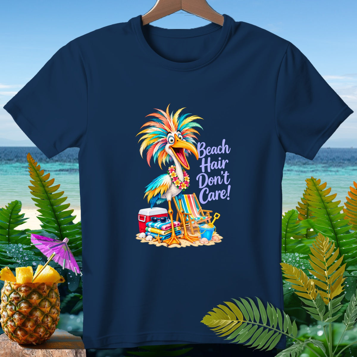 Cartoon bird with colorful hair on a dark blue t-shirt, "Beach Hair Don't Care!".