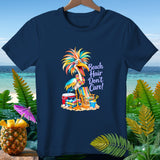 Cartoon bird with colorful hair on a dark blue t-shirt, 