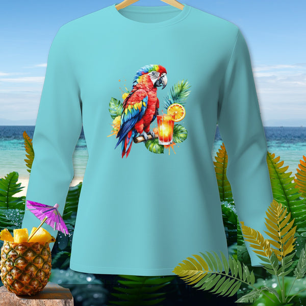 Teal long-sleeve shirt featuring a colorful parrot with tropical drink and pineapple accents.