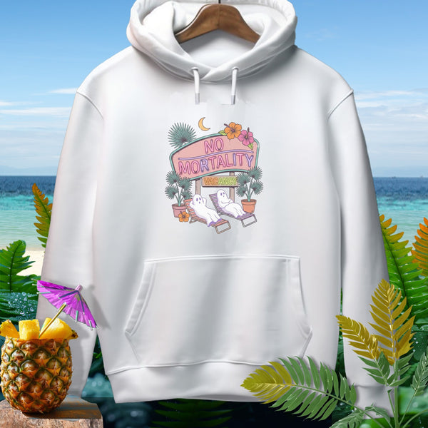White hoodie with a graphic of two ghosts relaxing on a beach with a "No Mortality Vacancy" sign.