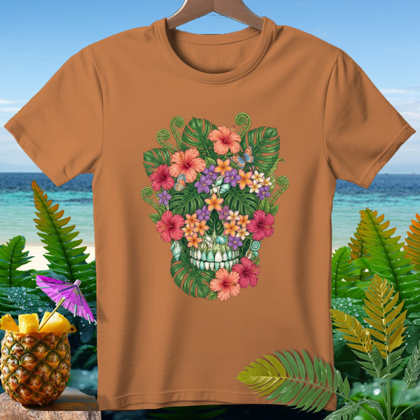 Orange t-shirt with a floral skull design featuring tropical flowers and butterflies.