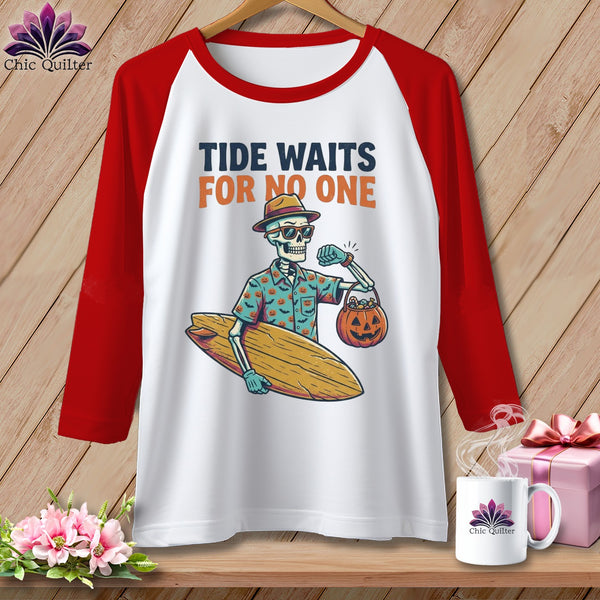 Skeleton in Hawaiian shirt, sunglasses, and hat holding surfboard and pumpkin, with text "Tide Waits For No One."