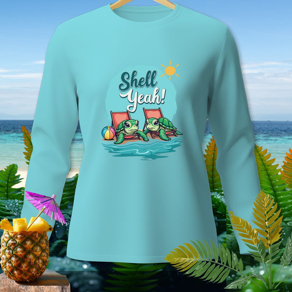 Light blue long sleeve shirt with two cartoon turtles on lounge chairs and "Shell Yeah!" text.