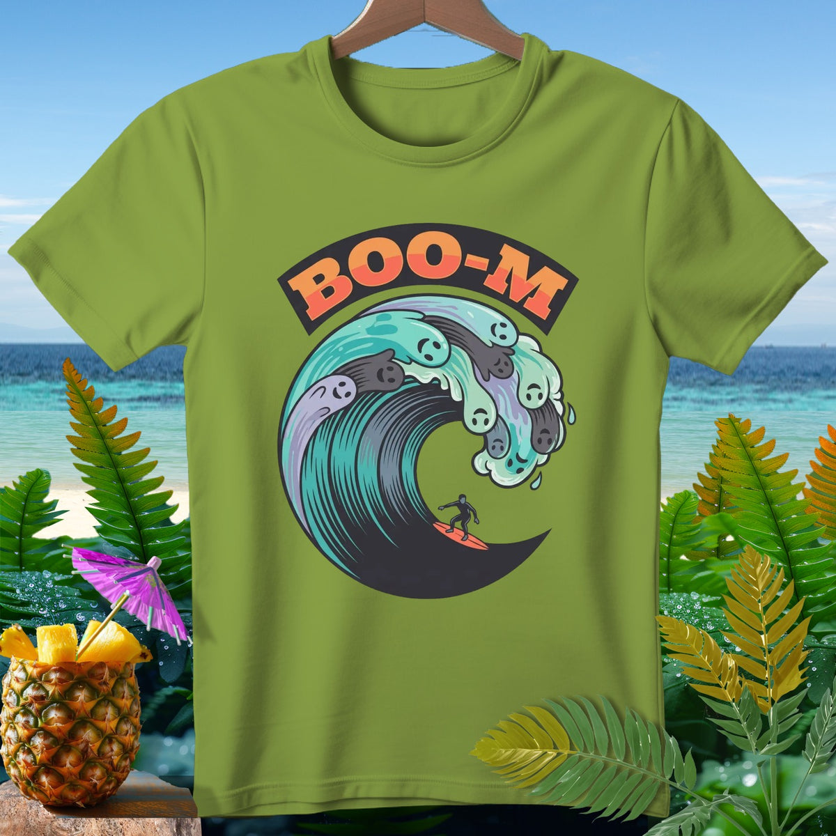 Green t-shirt with surfing ghosts wave and "BOO-M" text.