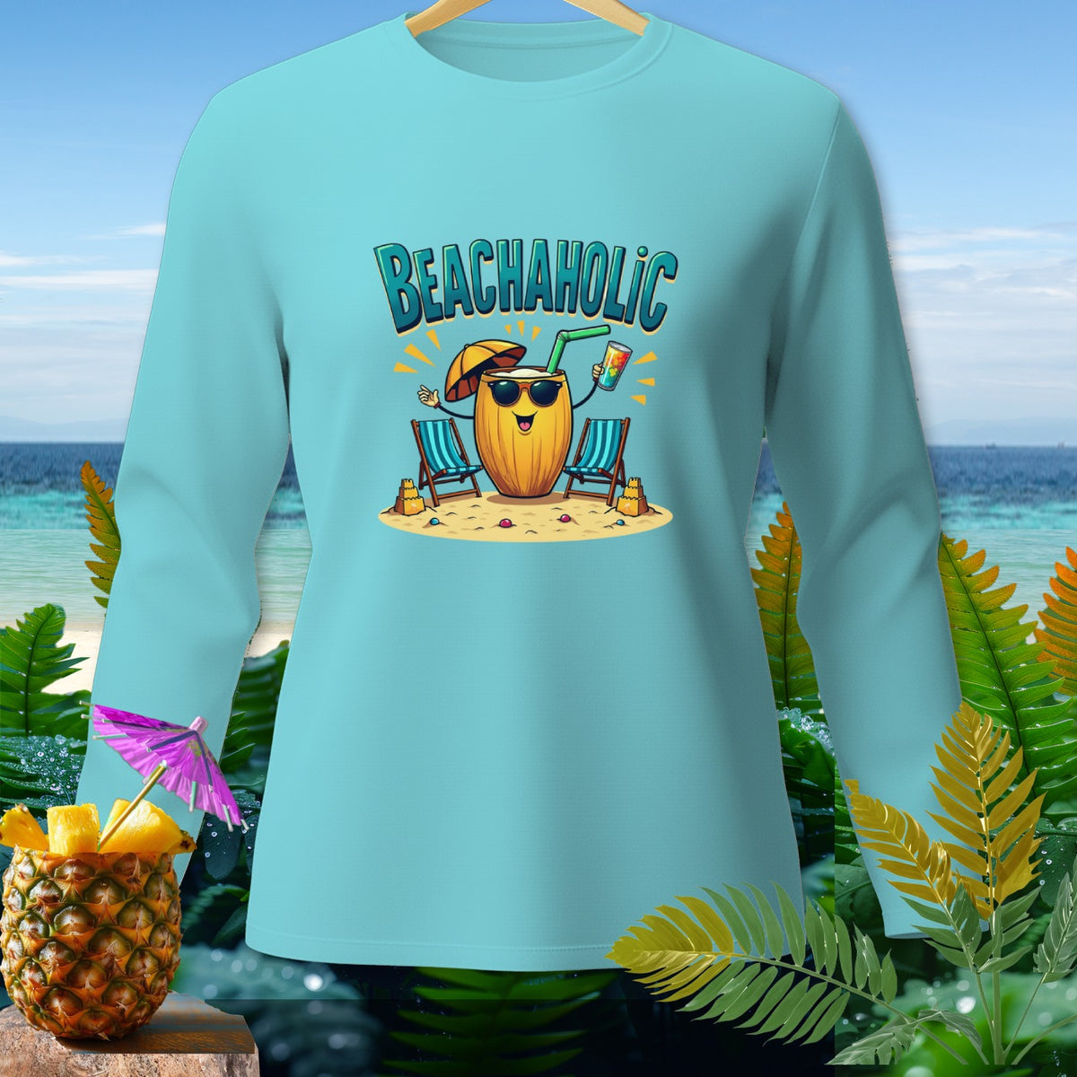 Light blue long-sleeve shirt with "BEACHAHOLIC" text and a cartoon coconut drink.