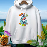 White hoodie with a Halloween-themed shark graphic that says 