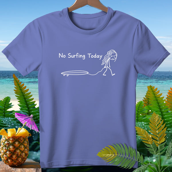 Purple t-shirt with "No Surfing Today" text and stick figure girl with surfboard.
