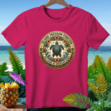 Pink t-shirt with circular emblem featuring a turtle, palm trees, waves, and text.
