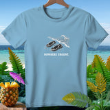 Light blue t-shirt with graphic of flip-flops on beach and text 