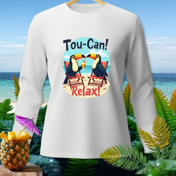 White long-sleeve shirt with toucans on beach chairs and text "Tou-Can! Relax!".
