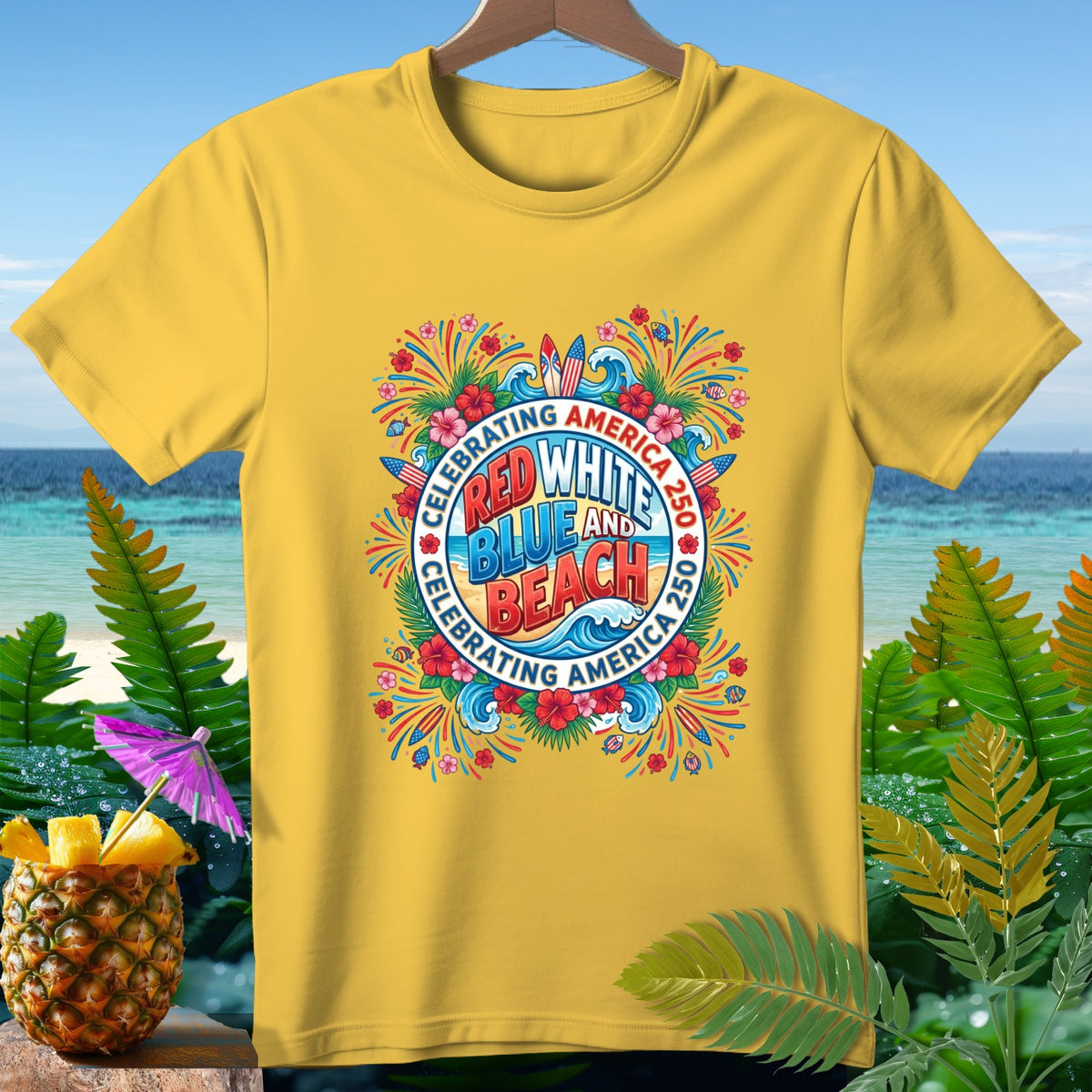 Yellow t-shirt with "Red White and Blue and Beach Celebrating America 250" graphic.