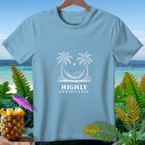 Light blue t-shirt with white graphic of palm trees, hammock, and text 