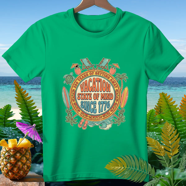 Green t-shirt with "Vacation State of Mind Since 1776" graphic.