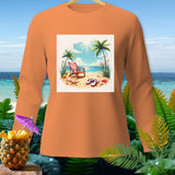 Orange long-sleeve shirt with a beach scene graphic featuring a lounge chair and flip-flops.