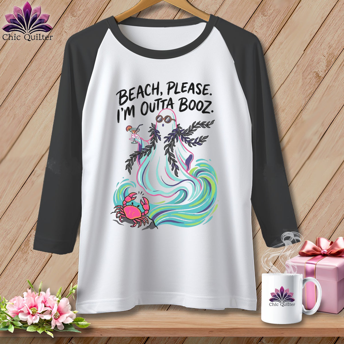 White baseball tee with ghost, crab, and text "Beach, Please. I'm Outta Booz."