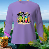 Purple long-sleeve shirt with two iguanas holding surfboards at the beach.