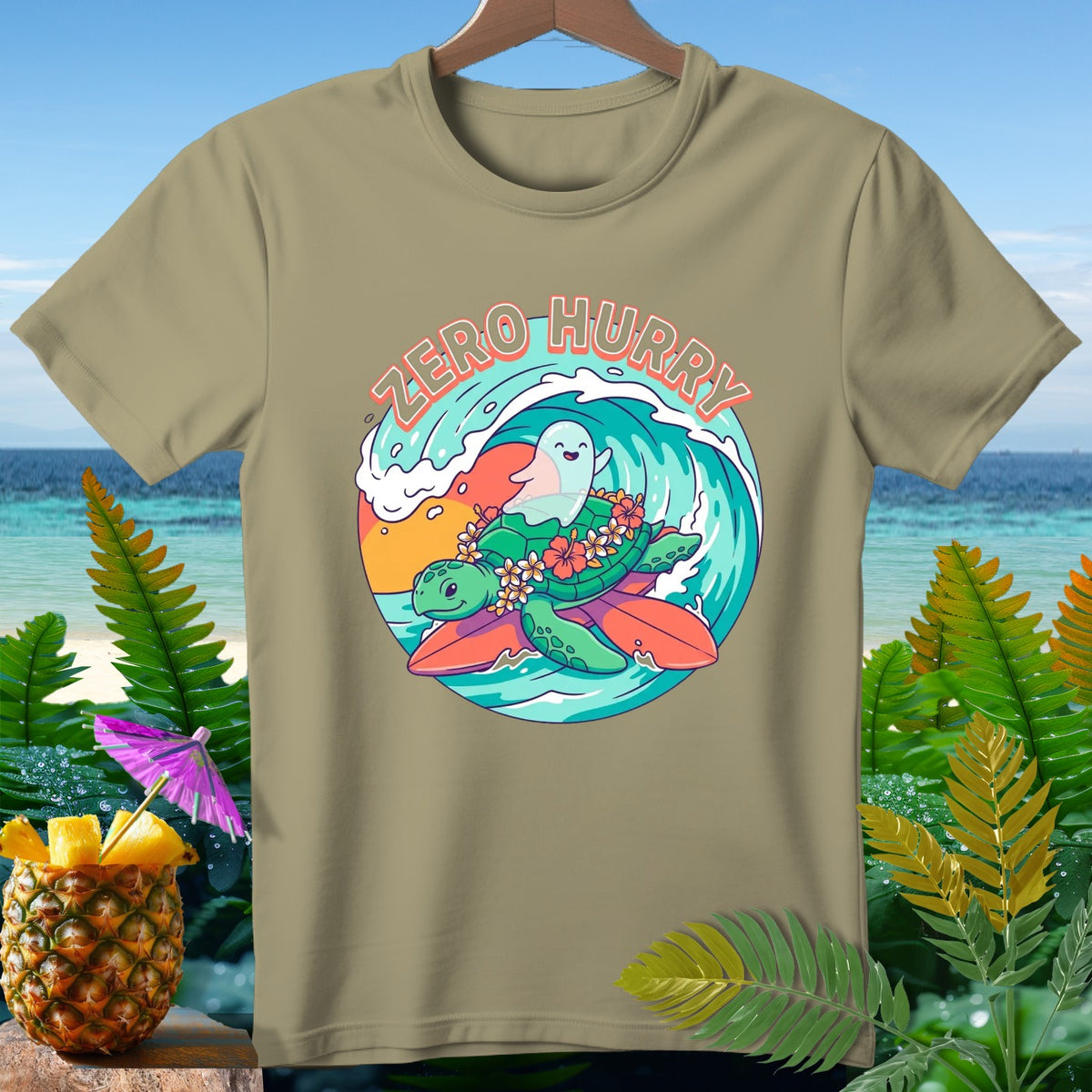T-shirt with cartoon turtle, ghost, and "Zero Hurry" text on a surfboard.