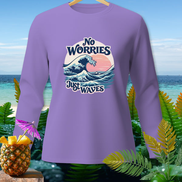 Purple long-sleeve shirt with "No Worries Just Waves" text and wave graphic.