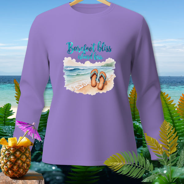 Purple long sleeve shirt with "Barefoot bliss island kiss" text and beach graphic.