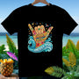 Black t-shirt with "Shaka to Freedom America 250" graphic featuring hand, wave, and tropical elements.