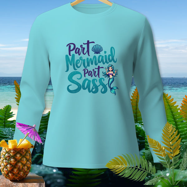 Aqua long-sleeve shirt with "Part Mermaid, Part Sass" graphic and mermaid illustration.