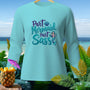 Aqua long-sleeve shirt with "Part Mermaid, Part Sass" graphic and mermaid illustration.