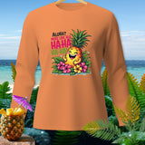 Orange long sleeve shirt with a laughing pineapple graphic and text.