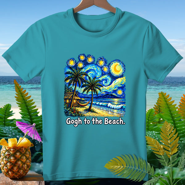 Teal t-shirt with a Van Gogh-style beach scene and text "Gogh to the Beach."