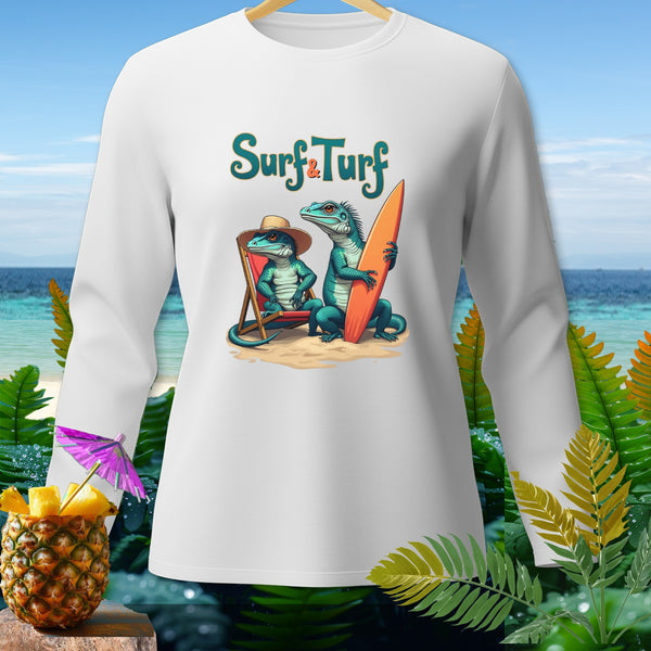 White long sleeve shirt with "Surf & Turf" text and two cartoon lizards on a beach.