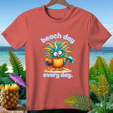 T-shirt with cartoon bird holding coconut drink and umbrella, text 