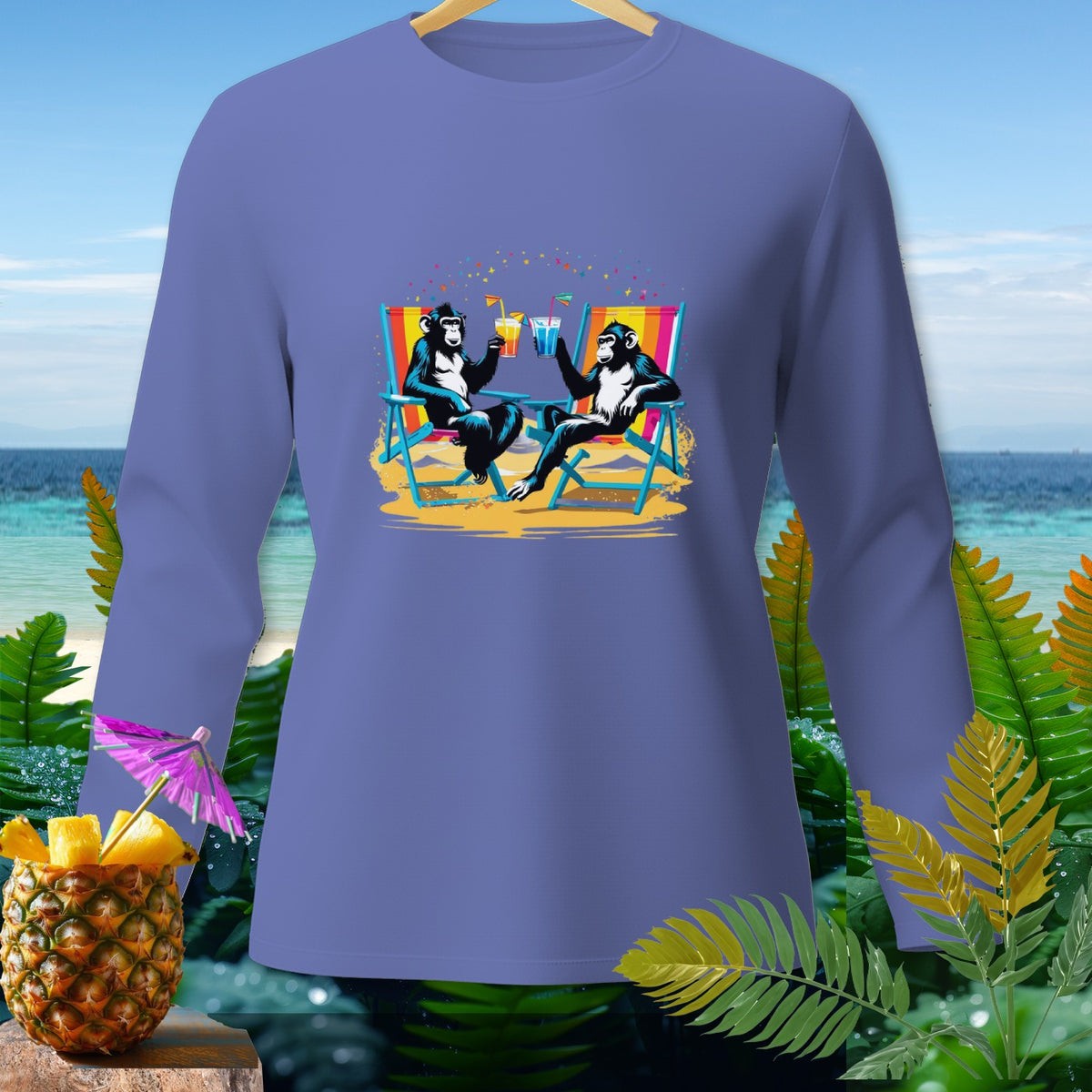 Chimpanzees in beach chairs drinking cocktails on a tropical beach.