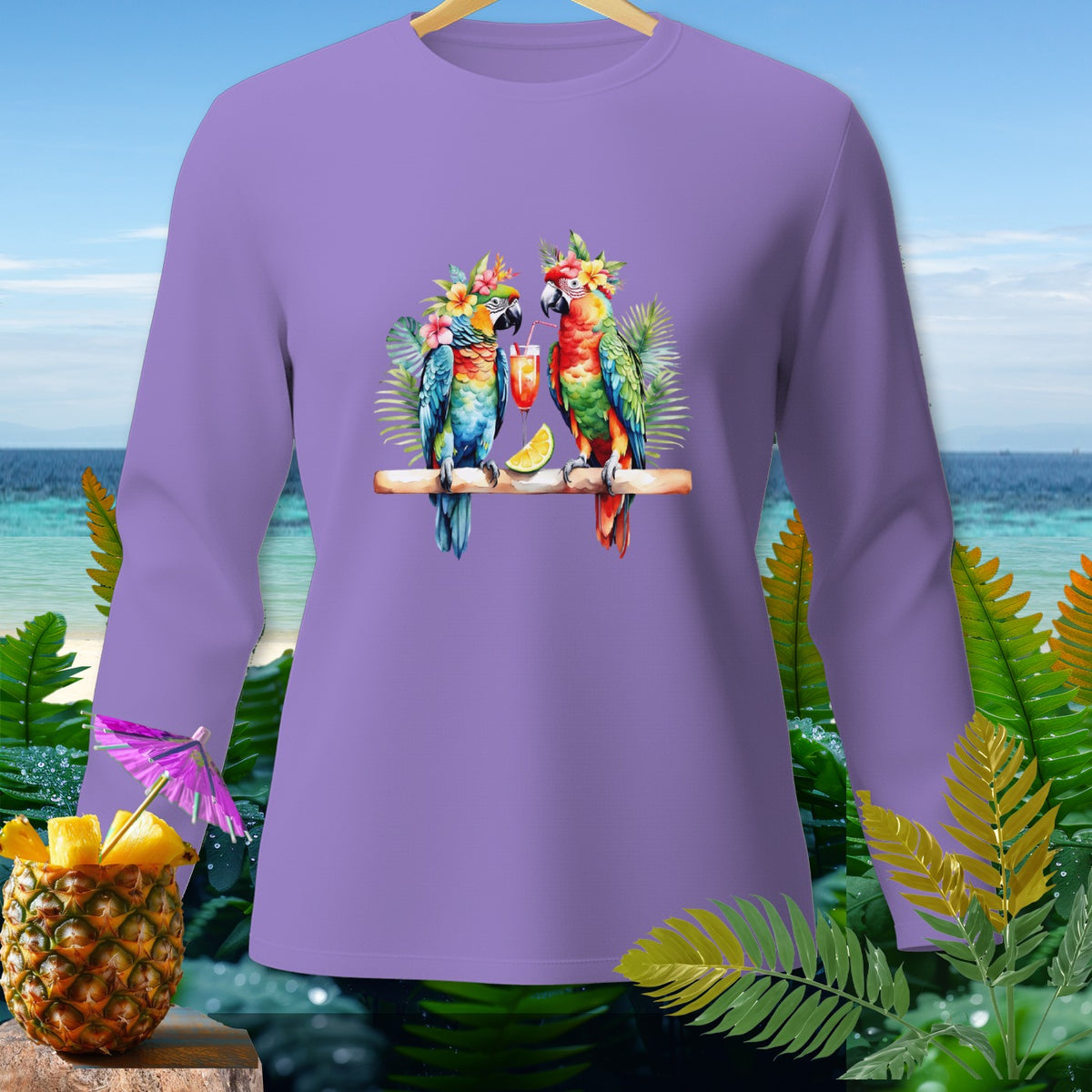 Lavender long-sleeve shirt with two macaws holding drinks and a pineapple garnish.