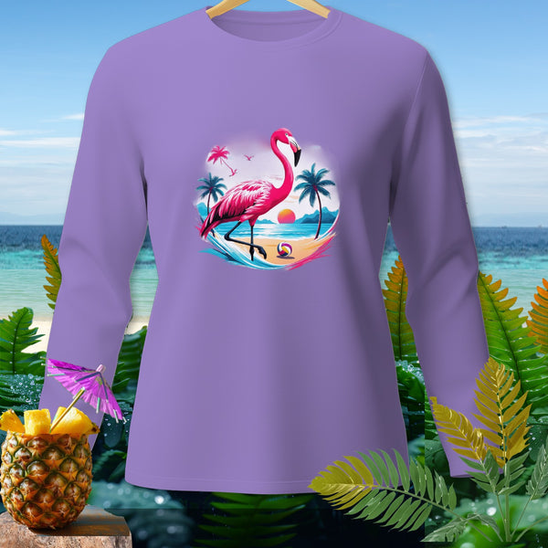 Long sleeve lavender t-shirt with flamingo beach graphic and pineapple drink.