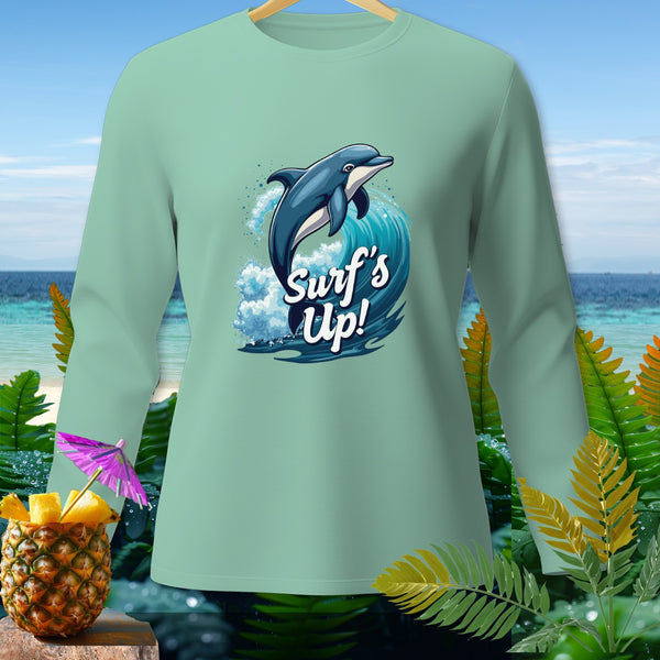 Light blue long-sleeve shirt with dolphin jumping on a wave, text "Surf's Up!".