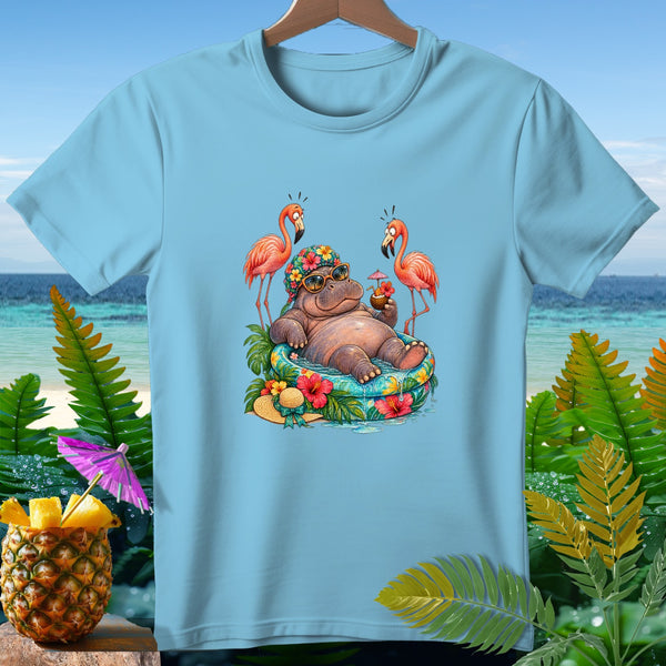 Illustration of a hippo relaxing in a pool with flamingos, a pineapple drink, and tropical foliage.