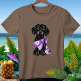 Black dachshund wearing purple floral bandana on brown t-shirt with tropical background.