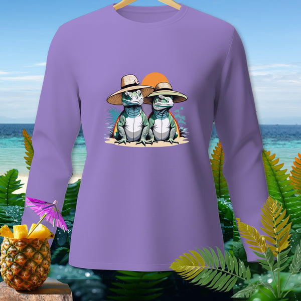 Purple long-sleeve shirt with two cartoon lizards wearing hats and a pineapple drink.