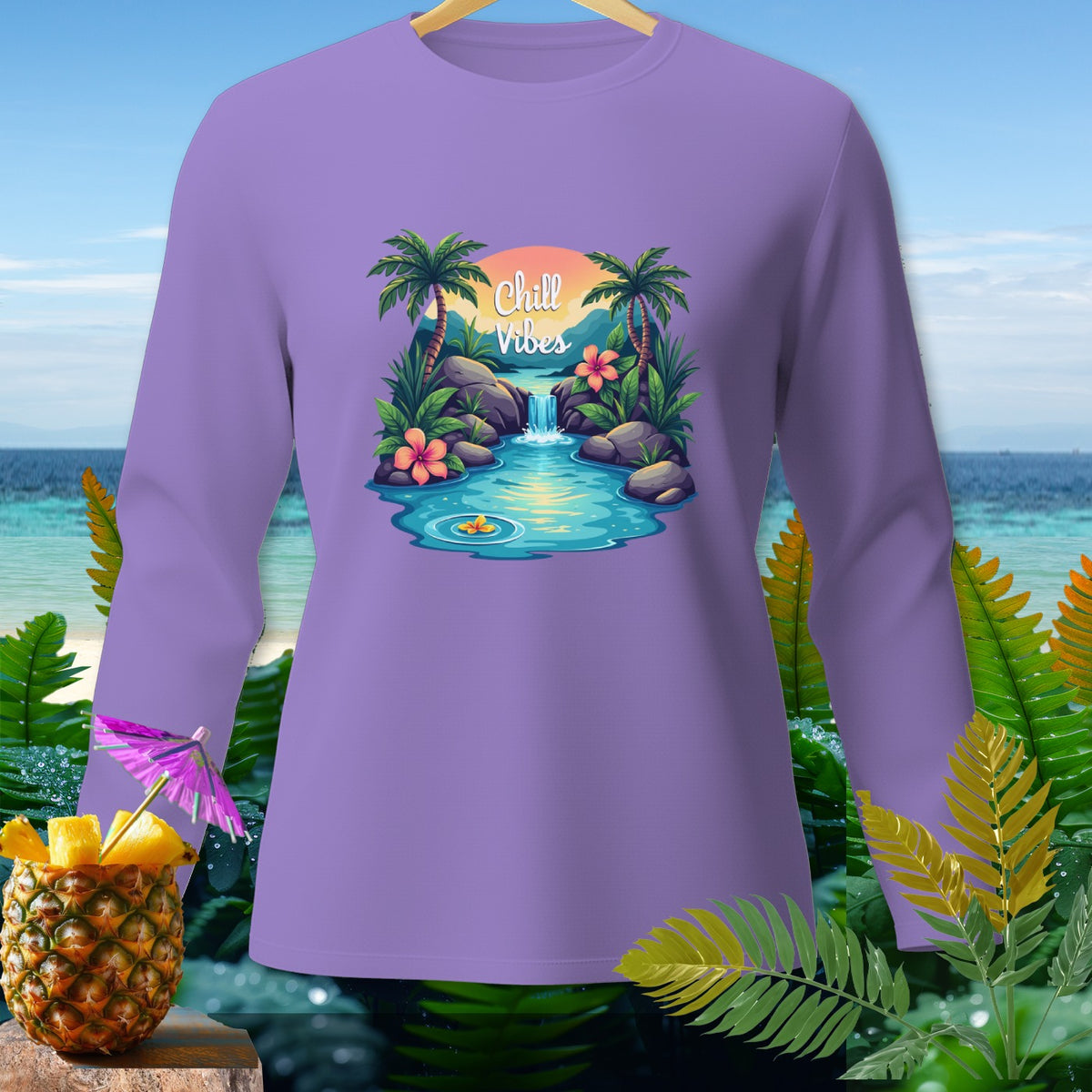 Lavender long-sleeved shirt with a tropical waterfall graphic and "Chill Vibes" text.