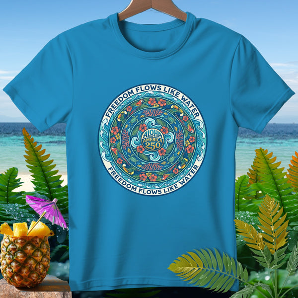 Blue t-shirt with a circular design featuring "Aloha America 250" and marine life.