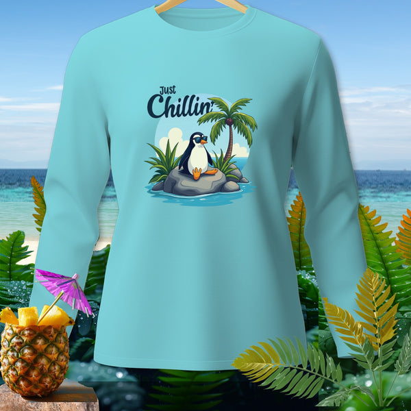 Long sleeve shirt with a cartoon penguin wearing sunglasses and the text "Just Chillin'".