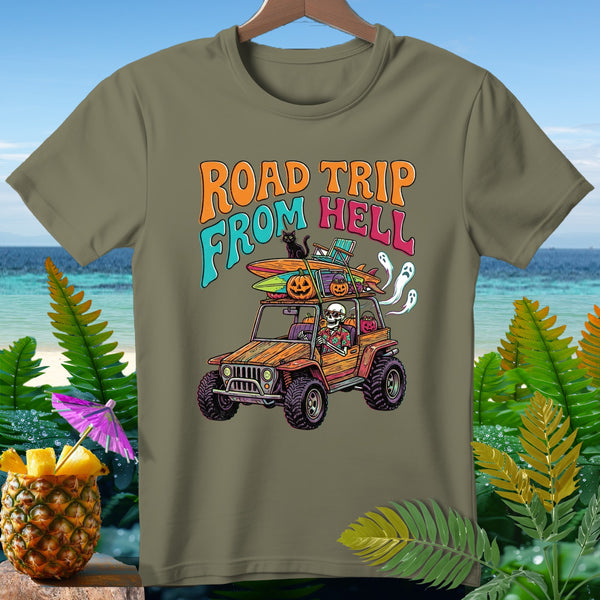 Skeleton driving a jeep with Halloween decorations and "Road Trip From Hell" text.