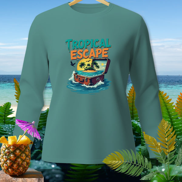 Long sleeve t-shirt with "Tropical Escape" text and suitcase island graphic.
