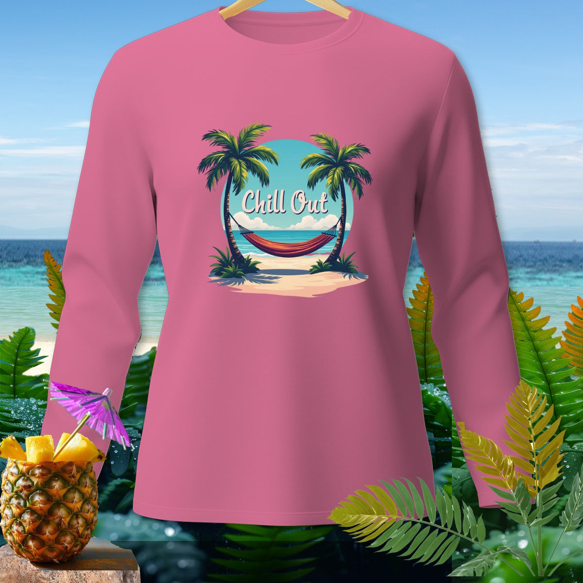 Pink long-sleeve shirt with "Chill Out" text and beach graphic featuring palm trees and a hammock.